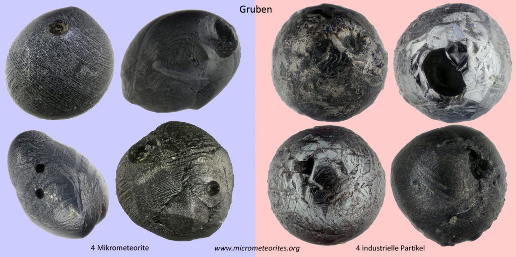 Unterscheidungsmerkmal Gruben: links 4 Mikrometeorite, rechts 4 industrielle Partikel