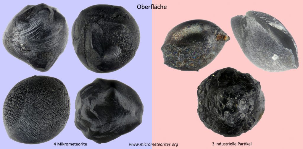 Unterscheidungsmerkmal Oberfläche: links 4 Mikrometeorite, rechts 3 industrielle Partikel